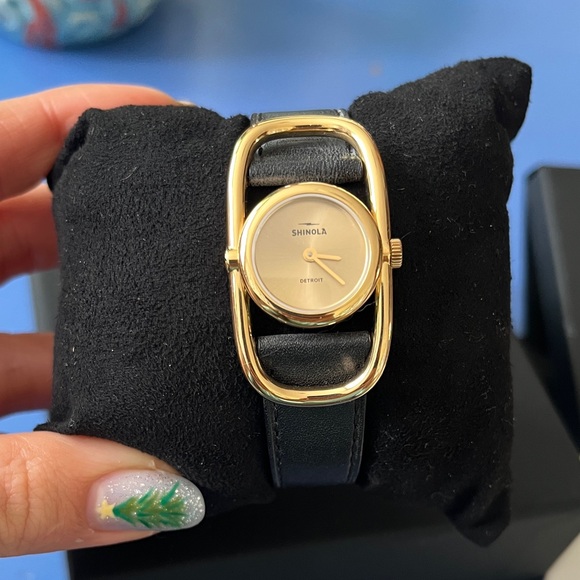 Shinola Gold SS Champagne Dial Black Leather Strap Bike Lock Watch